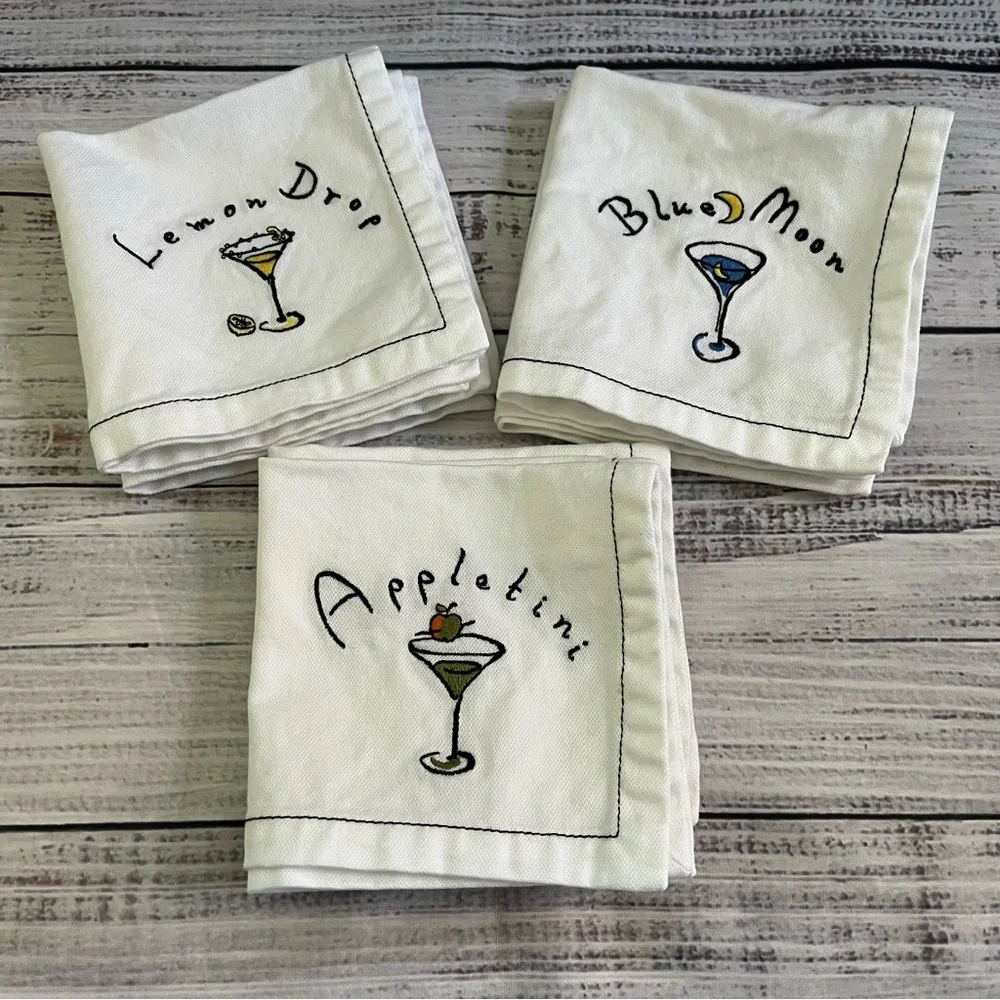 Pottery Barn Embroidered Cocktail Napkins Lemon Drop/Blue Moon/Appletini